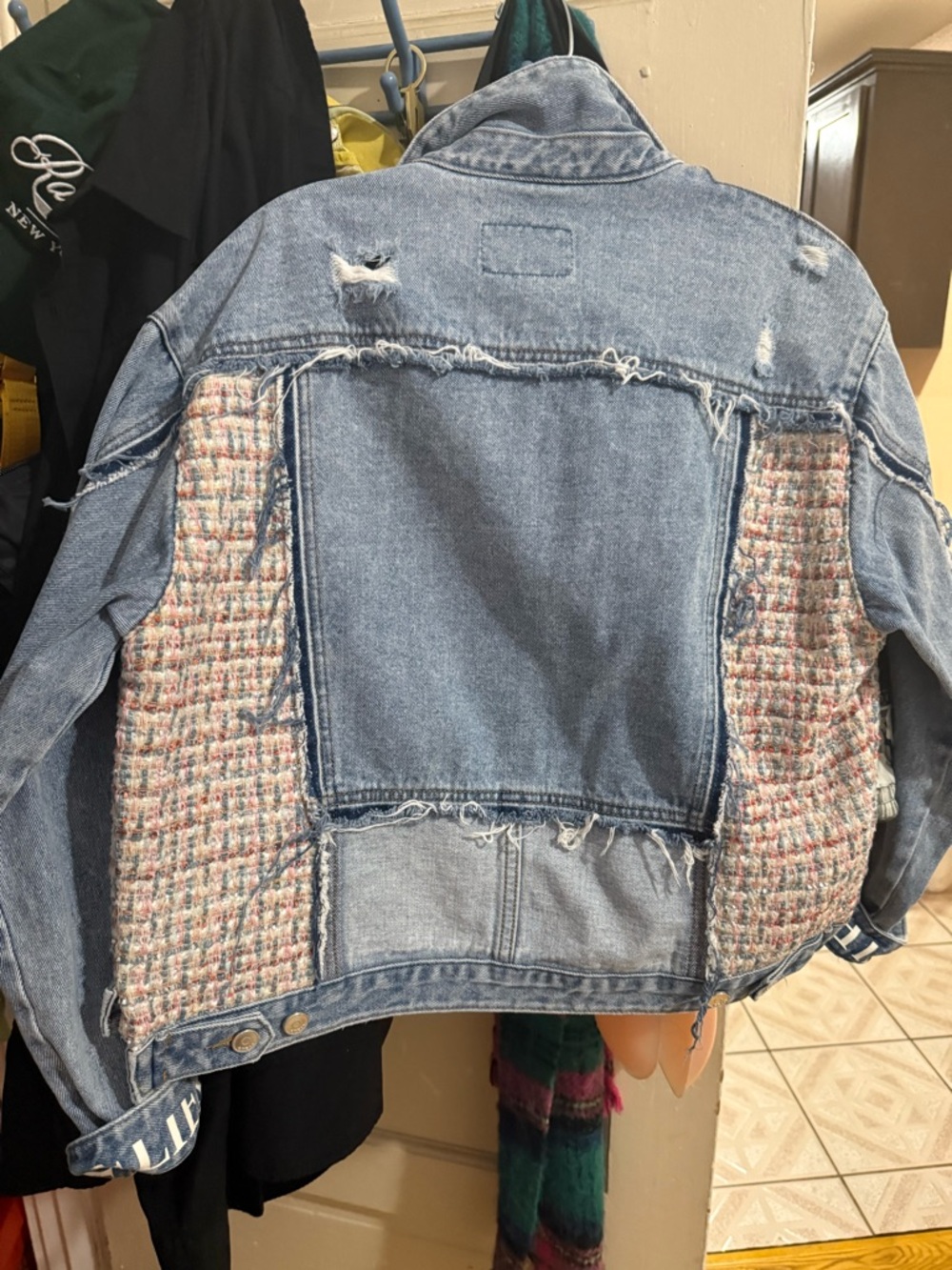 GUESS Light Blue Denim Jacket with Multicolor Tweed Panels - Picture 3 of 3